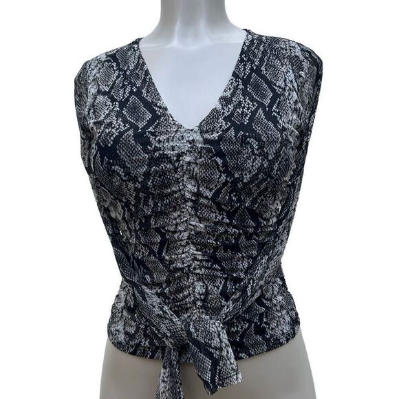 Ten Sixty Sherman Long Sleeve Top Small Tan & Black Snakeskin Semi Sheer Ruched - Picture 4 of 11